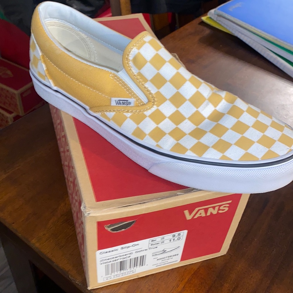 Yellow checkered slip on vans